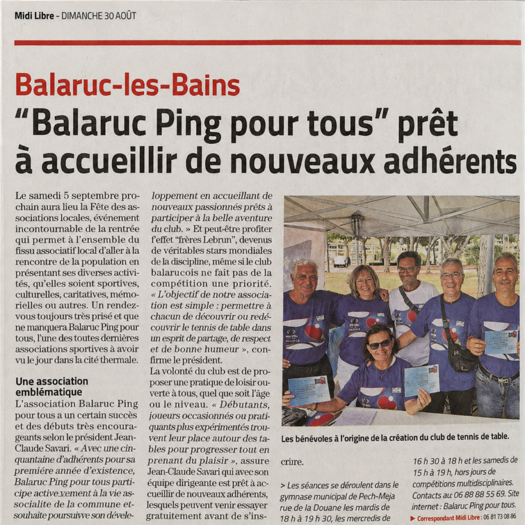 Article de Midi Libre consacré à Balaruc Ping pour Tous et à l’accueil de nouveaux adhérents pour la rentrée 2026